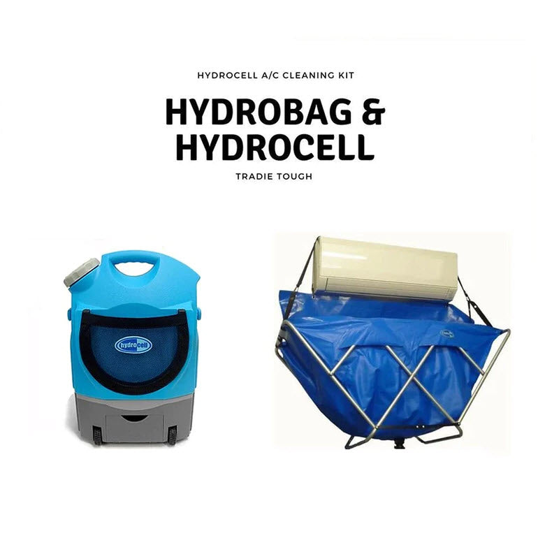 "Hydrocell portable pressure washer cleaning split-system coils" "Heavy-duty Hydrobag capturing dirt from A/C cleaning" "Australian-made Tradie Coil Cleaner foam spray"