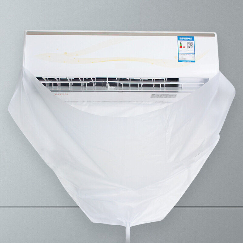 Wall-mounted AC unit with waterproof cleaning bag attached