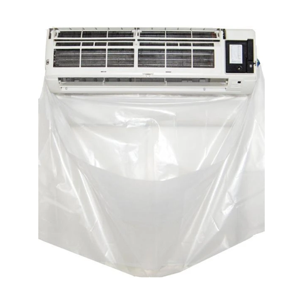 Reusable-split-system-wash-bag-fitted-to-indoor-head-unit-during-coil-cleaning