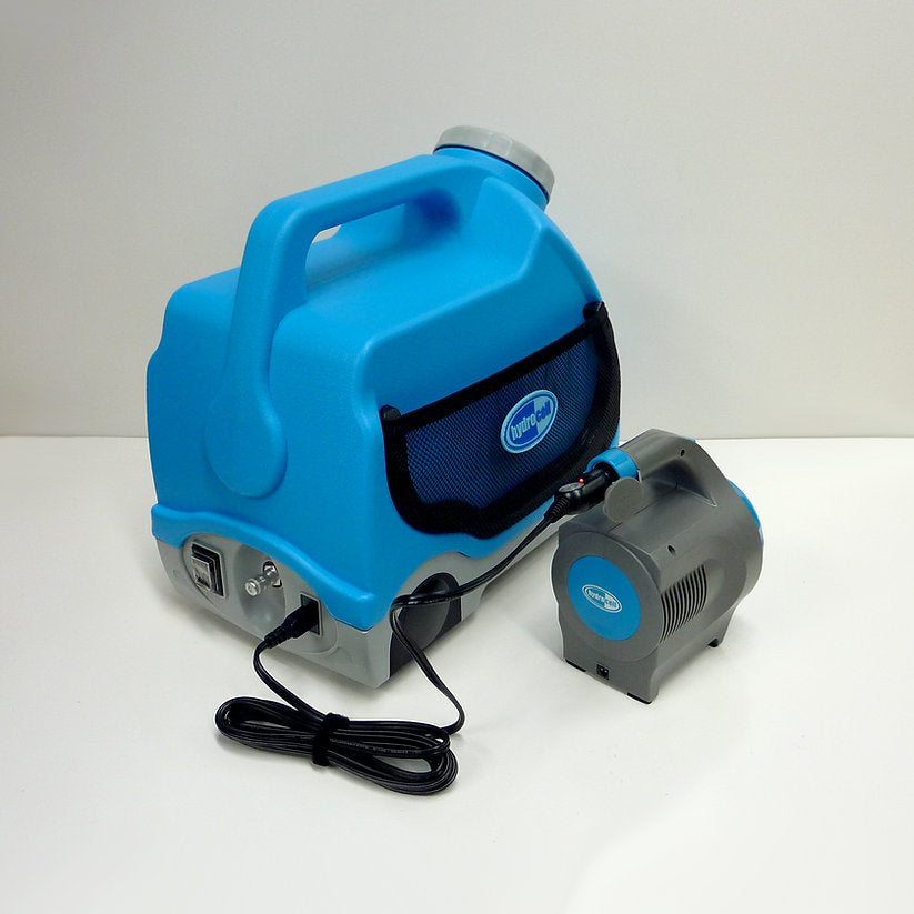 Blue and gray portable cleaning machine with a smaller gray unit on a white background