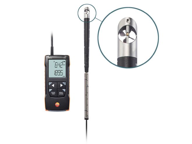 The image shows a Testo 416 Digital Vane Anemometer with a 16mm probe, featuring a digital display and a telescopic extension, alongside a close-up view of the probe.