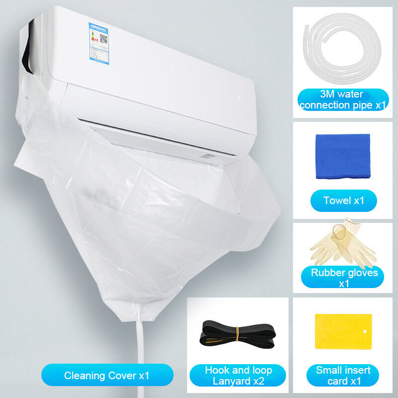 Split AC cleaning kit with 3m hose, gloves, face cover, towel, and adhesive strips
