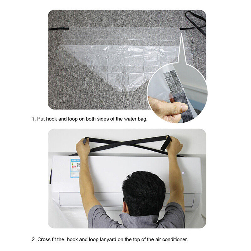 HVAC technician using wall-mountable split AC cleaning bag inside a home


