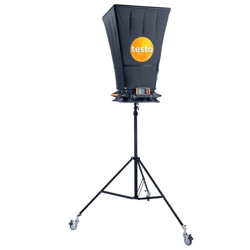 Testo 420 telescopic stand extended to ceiling height holding flow hood against outlet hands-free