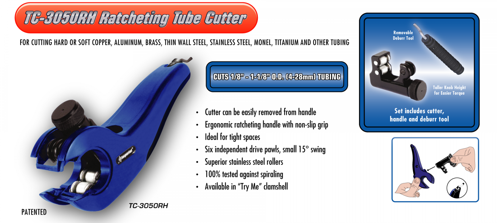 Imperial Ratcheting Tube Cutter For 1/8" To 1-1/8" [ 4mm To 28mm ] O.d. Tube - Tc-3050rh hvac shop