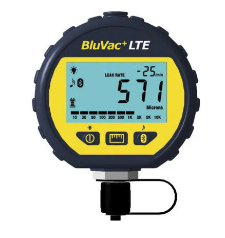 AccuTools BluVac+ LTE vacuum gauge front with lit LCD and micron reading