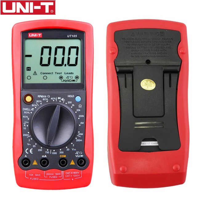uni-t-ut105-automotive-digital-multimeter-front-and-rear-view